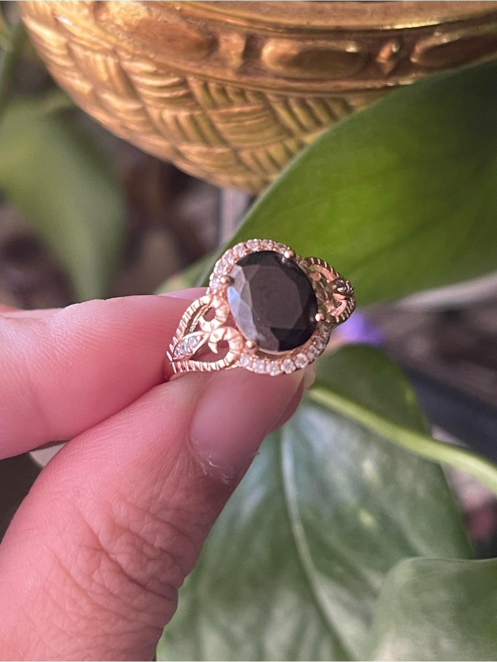 Oval Black Stone Halo Ring